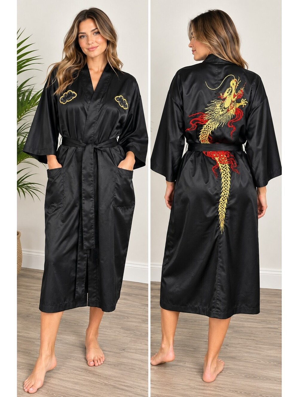 Vintage Japanese Dragon Kimono Robe Black Embroidered Satin Made in Japan